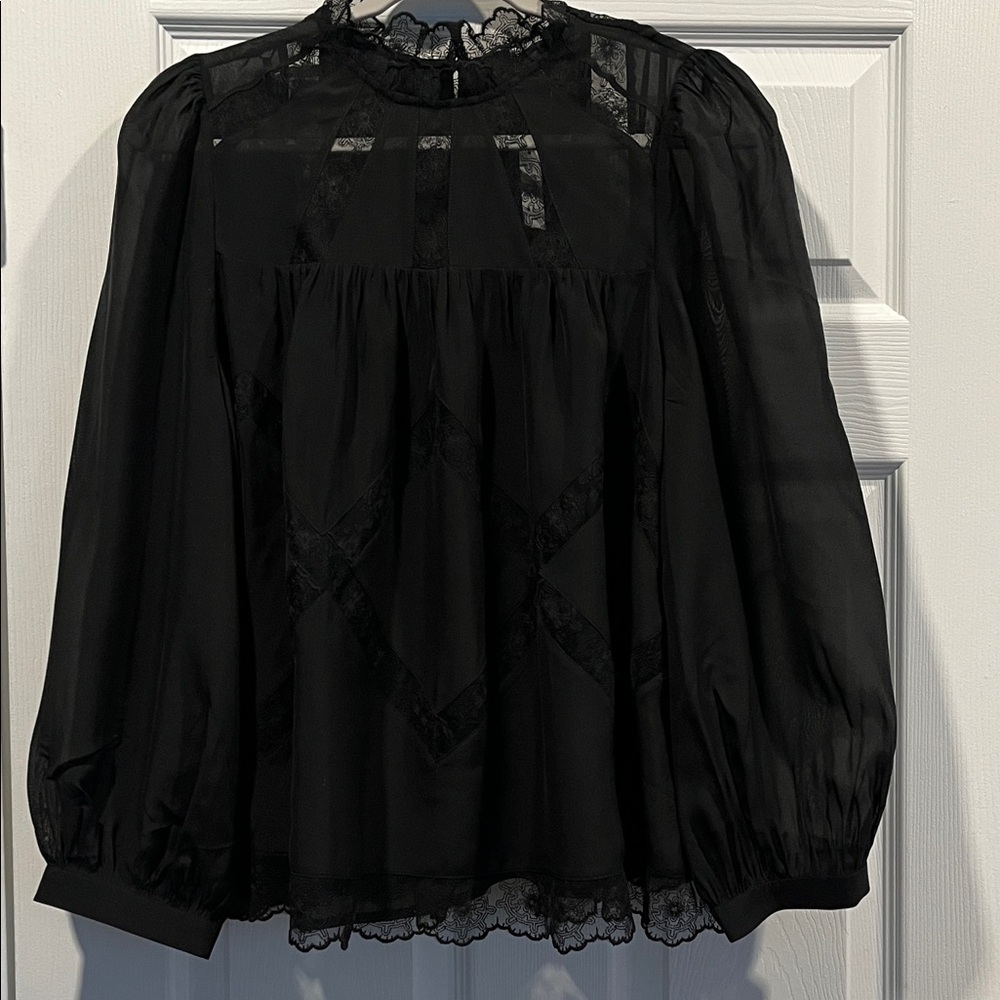 Madewell Silk Lace Inset Long Sleeve Black Top Delicate Intricate Romantic Flowy - Picture 2 of 16